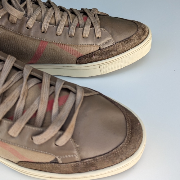 🤎 BURBERRY CANVAS LEATHER HIGH TOP MENS SNEAKERS - Picture 11 of 14